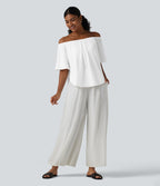 Off-shoulder Short Sleeve Split Curved Hem Built-in Bra Relaxed Casual T-Shirt — White — view 6