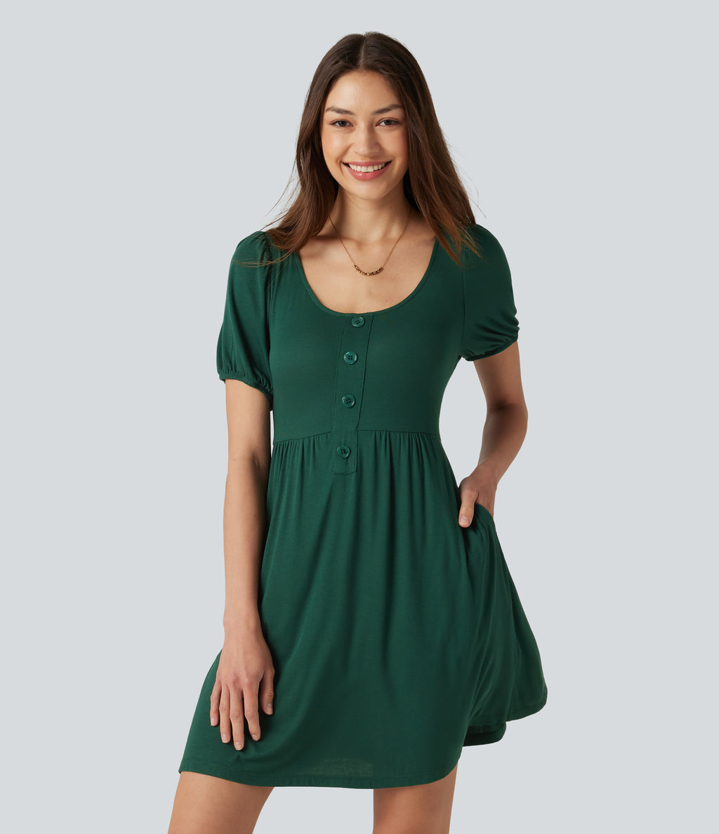 Scoop Neck Short Sleeve Tie Back Mini Casual Dress with Pockets — Rain Forest — view 5