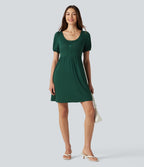 Scoop Neck Short Sleeve Tie Back Mini Casual Dress with Pockets — Rain Forest — view 7