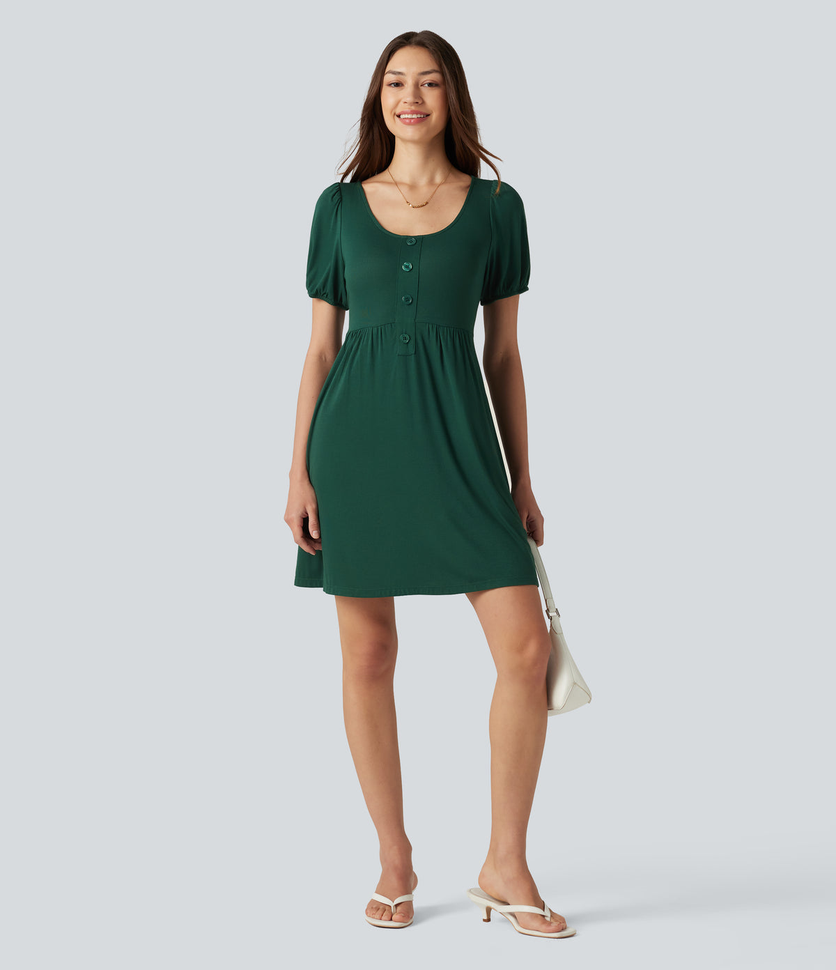 Scoop Neck Short Sleeve Tie Back Mini Casual Dress with Pockets — Rain Forest — view 7