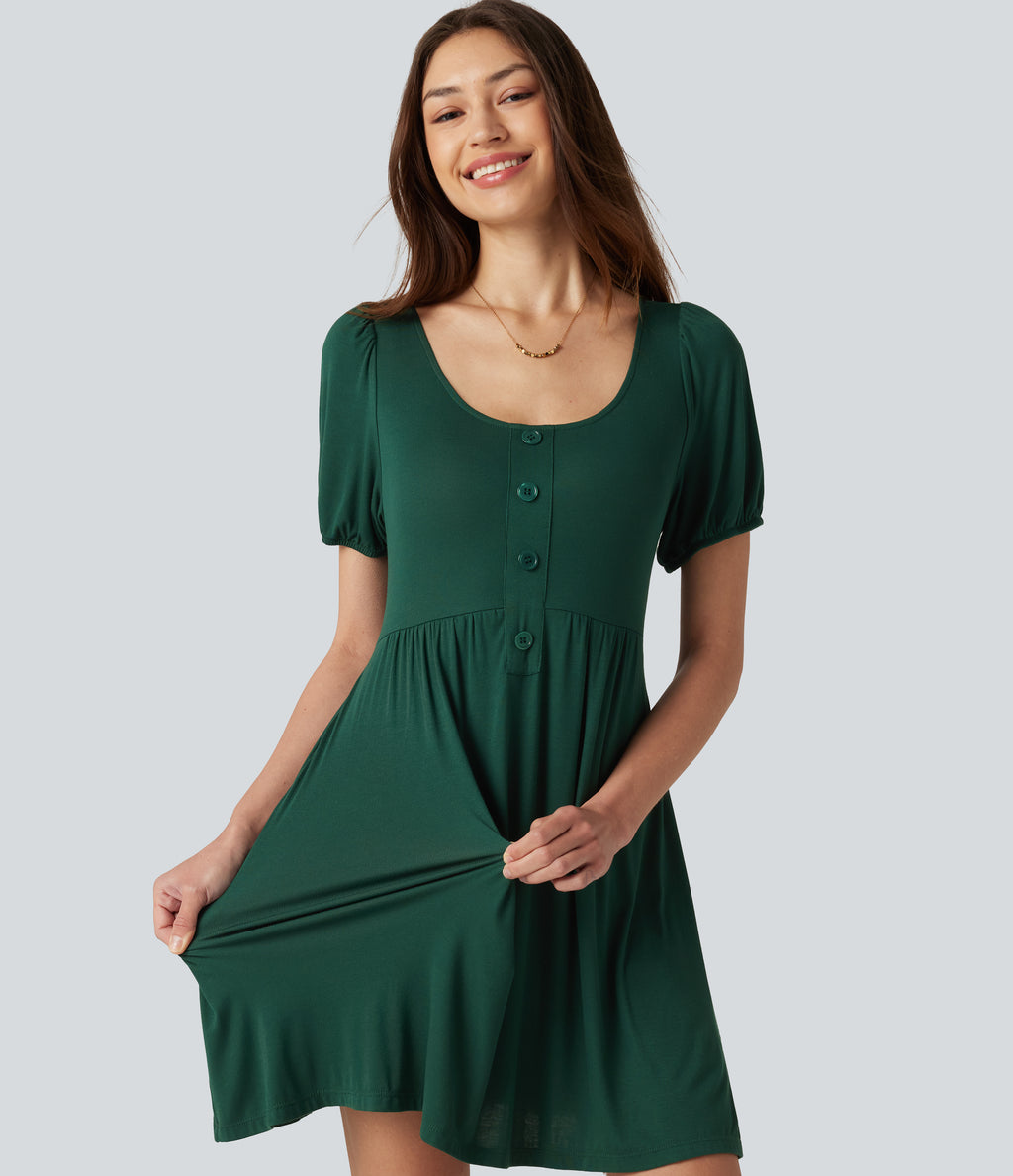 Scoop Neck Short Sleeve Tie Back Mini Casual Dress with Pockets — Rain Forest — view 4
