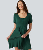 Scoop Neck Short Sleeve Tie Back Mini Casual Dress with Pockets — Rain Forest — view 4