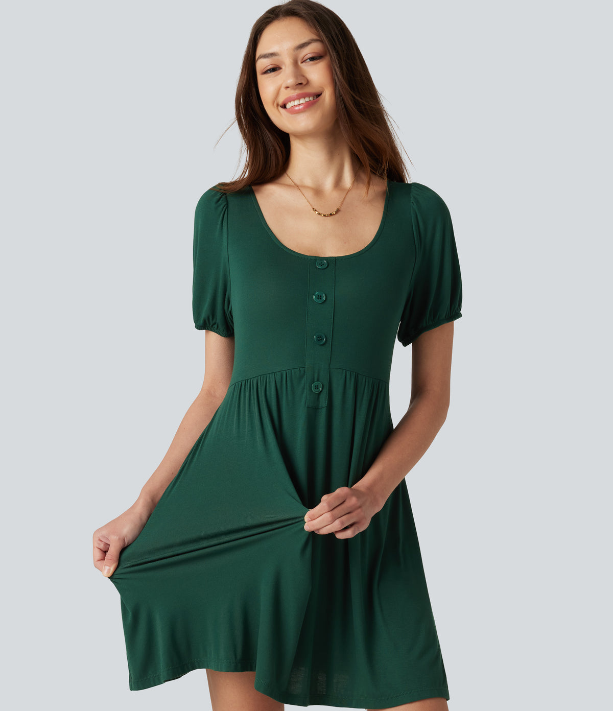Scoop Neck Short Sleeve Tie Back Mini Casual Dress with Pockets — Rain Forest — view 4