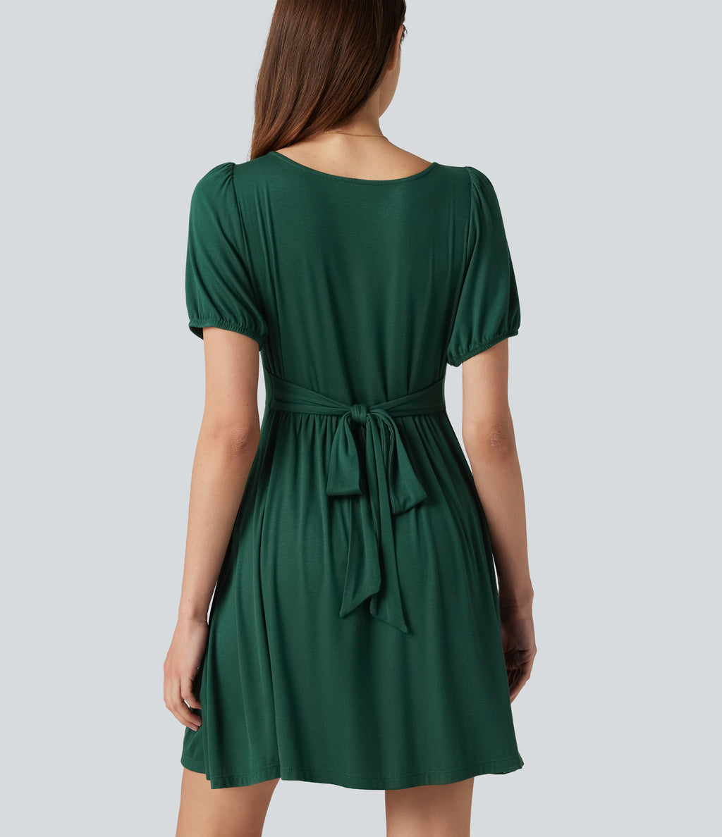 Scoop Neck Short Sleeve Tie Back Mini Casual Dress with Pockets — Rain Forest — view 6