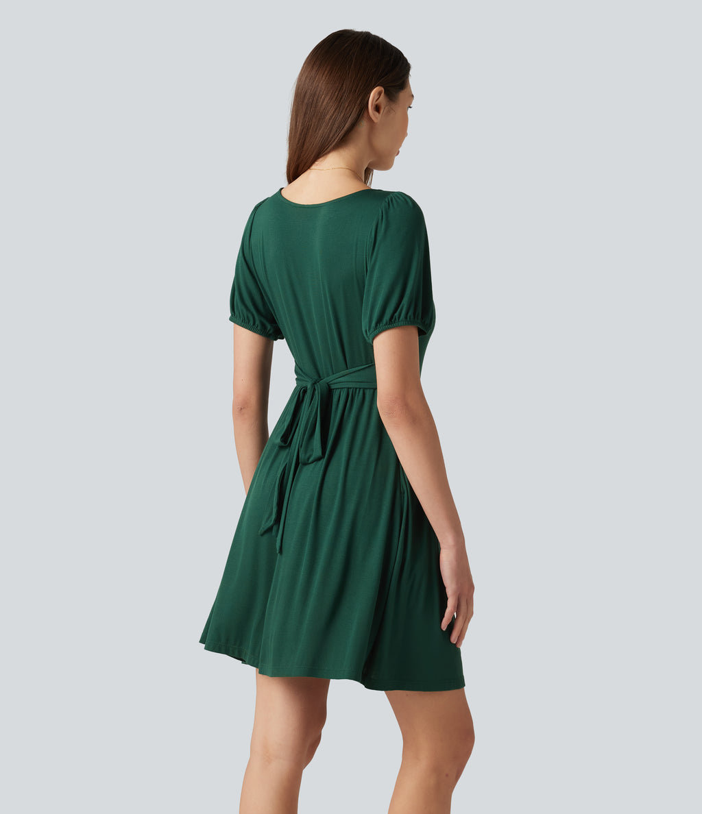 Scoop Neck Short Sleeve Tie Back Mini Casual Dress with Pockets — Rain Forest — view 2