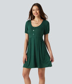 Scoop Neck Short Sleeve Tie Back Mini Casual Dress with Pockets — Rain Forest — view 3