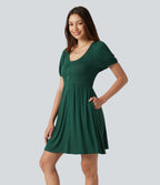 Scoop Neck Short Sleeve Tie Back Mini Casual Dress with Pockets — Rain Forest — view 1