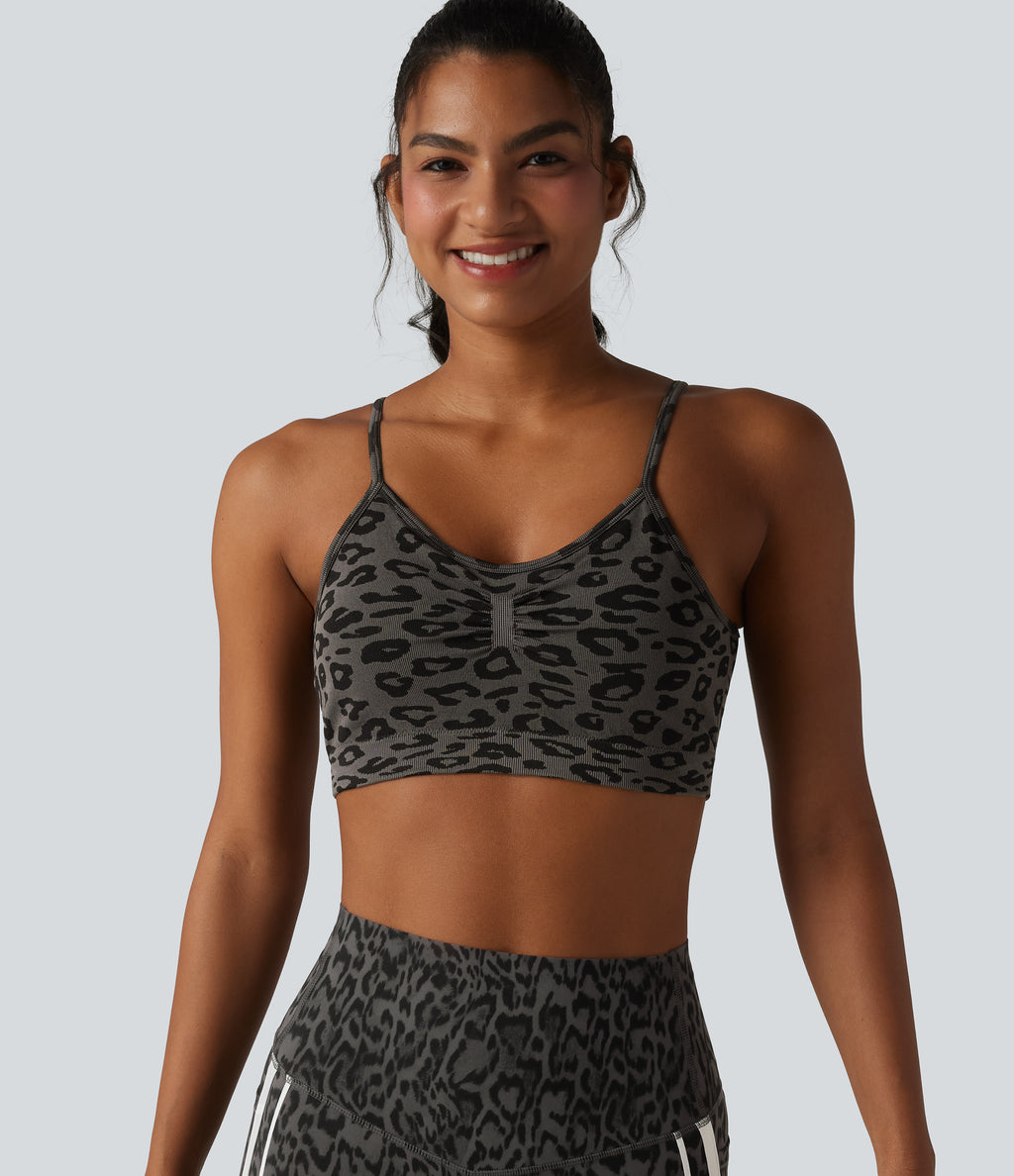 OneForm Seamless Flow Leopard Print Adjustable Straps Ruched Built-in Bra Yoga Sports Bra — Silver Leopard Print — view 9