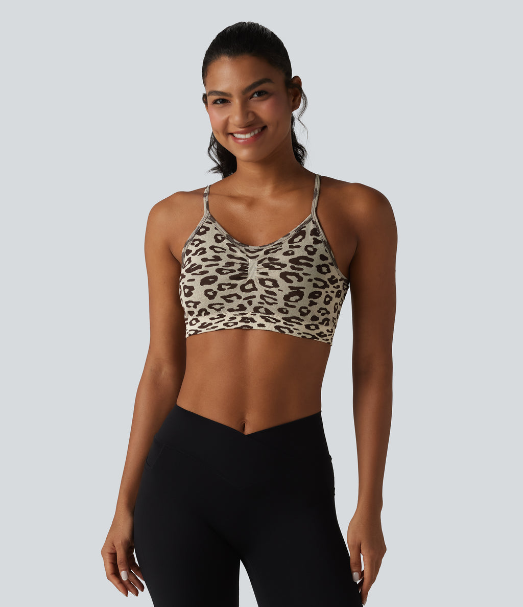 OneForm Seamless Flow Leopard Print Adjustable Straps Ruched Built-in Bra Yoga Sports Bra — Gold Leopard Print — view 4