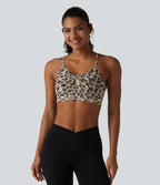 OneForm Seamless Flow Leopard Print Adjustable Straps Ruched Built-in Bra Yoga Sports Bra — Gold Leopard Print — view 4