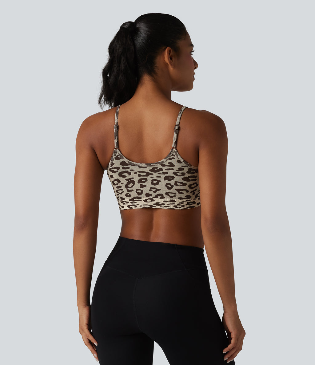 OneForm Seamless Flow Leopard Print Adjustable Straps Ruched Built-in Bra Yoga Sports Bra — Gold Leopard Print — view 2