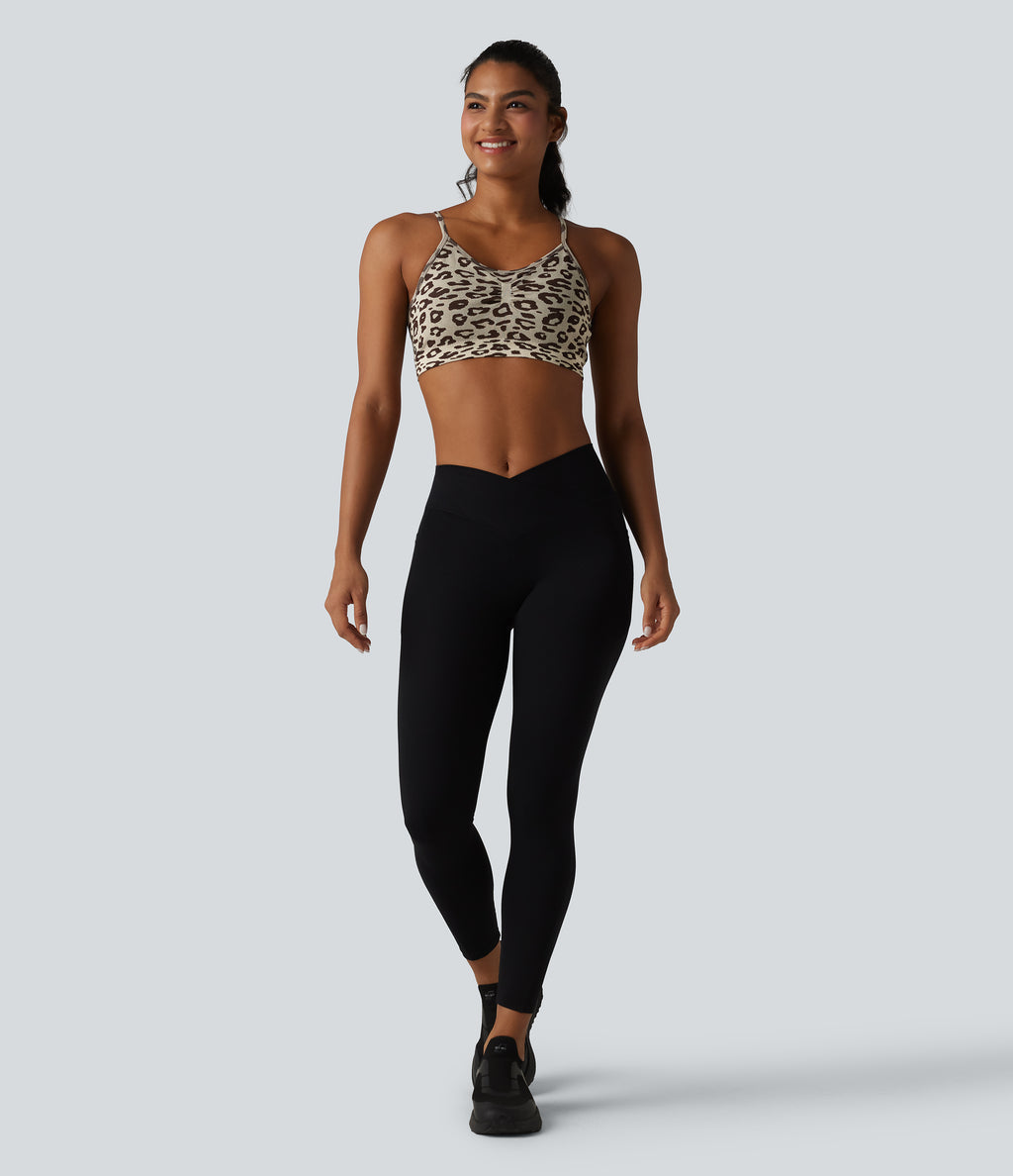 OneForm Seamless Flow Leopard Print Adjustable Straps Ruched Built-in Bra Yoga Sports Bra — Gold Leopard Print — view 6