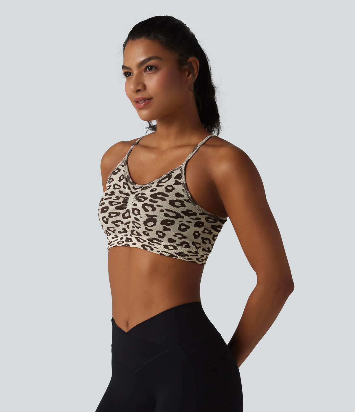 OneForm Seamless Flow Leopard Print Adjustable Straps Ruched Built-in Bra Yoga Sports Bra — Gold Leopard Print — view 3