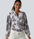 V Neck Long Sleeve Tropical Botanical Print Work Blouse — Palm Shadow — view 6