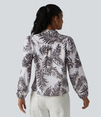V Neck Long Sleeve Tropical Botanical Print Work Blouse — Palm Shadow — view 5