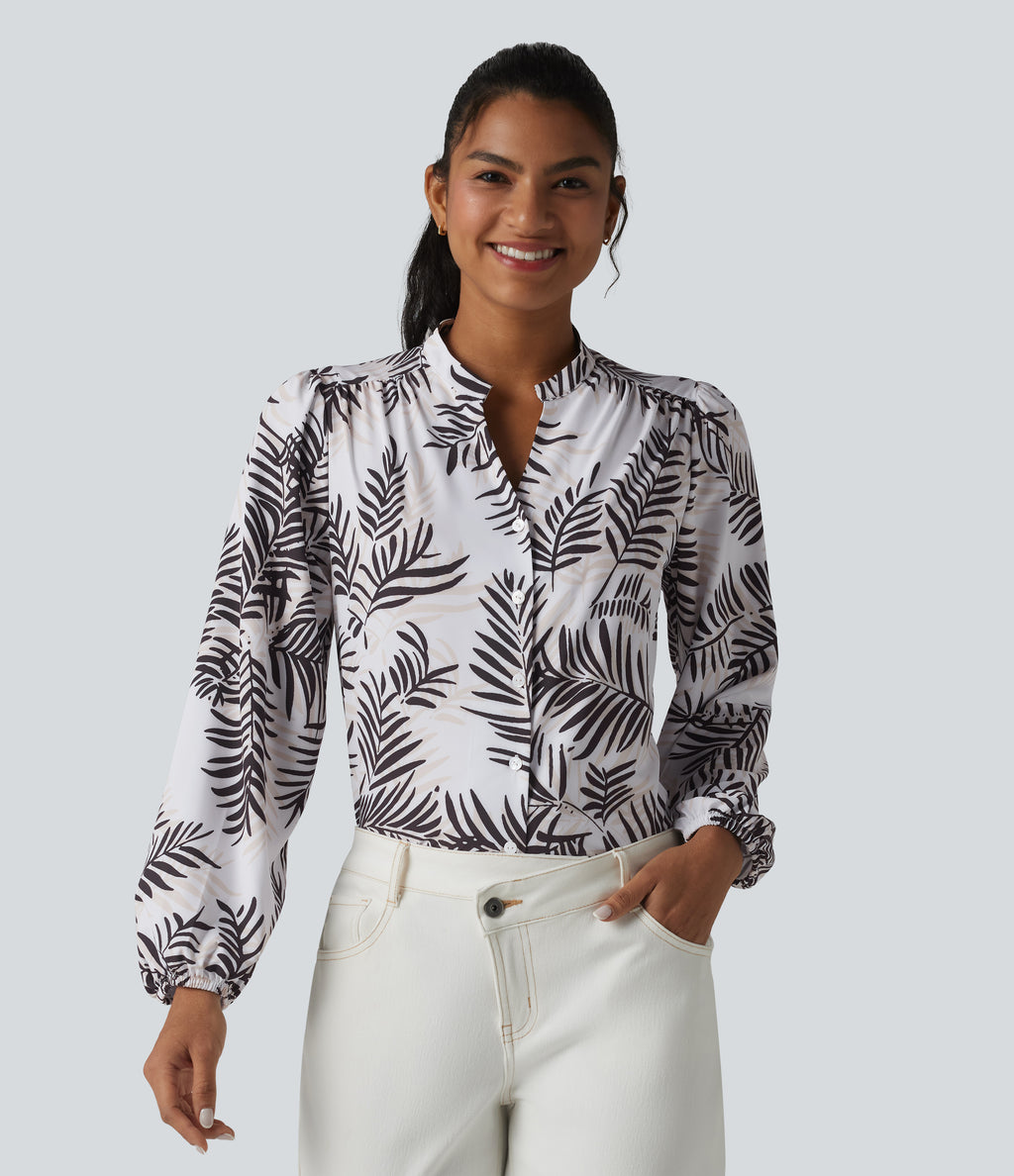 V Neck Long Sleeve Tropical Botanical Print Work Blouse — Palm Shadow — view 1