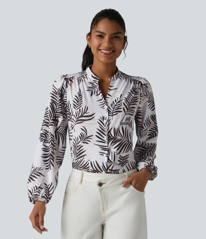 V Neck Long Sleeve Tropical Botanical Print Work Blouse — Palm Shadow — view 1