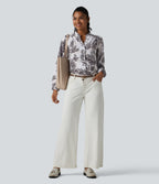 V Neck Long Sleeve Tropical Botanical Print Work Blouse — Palm Shadow — view 7