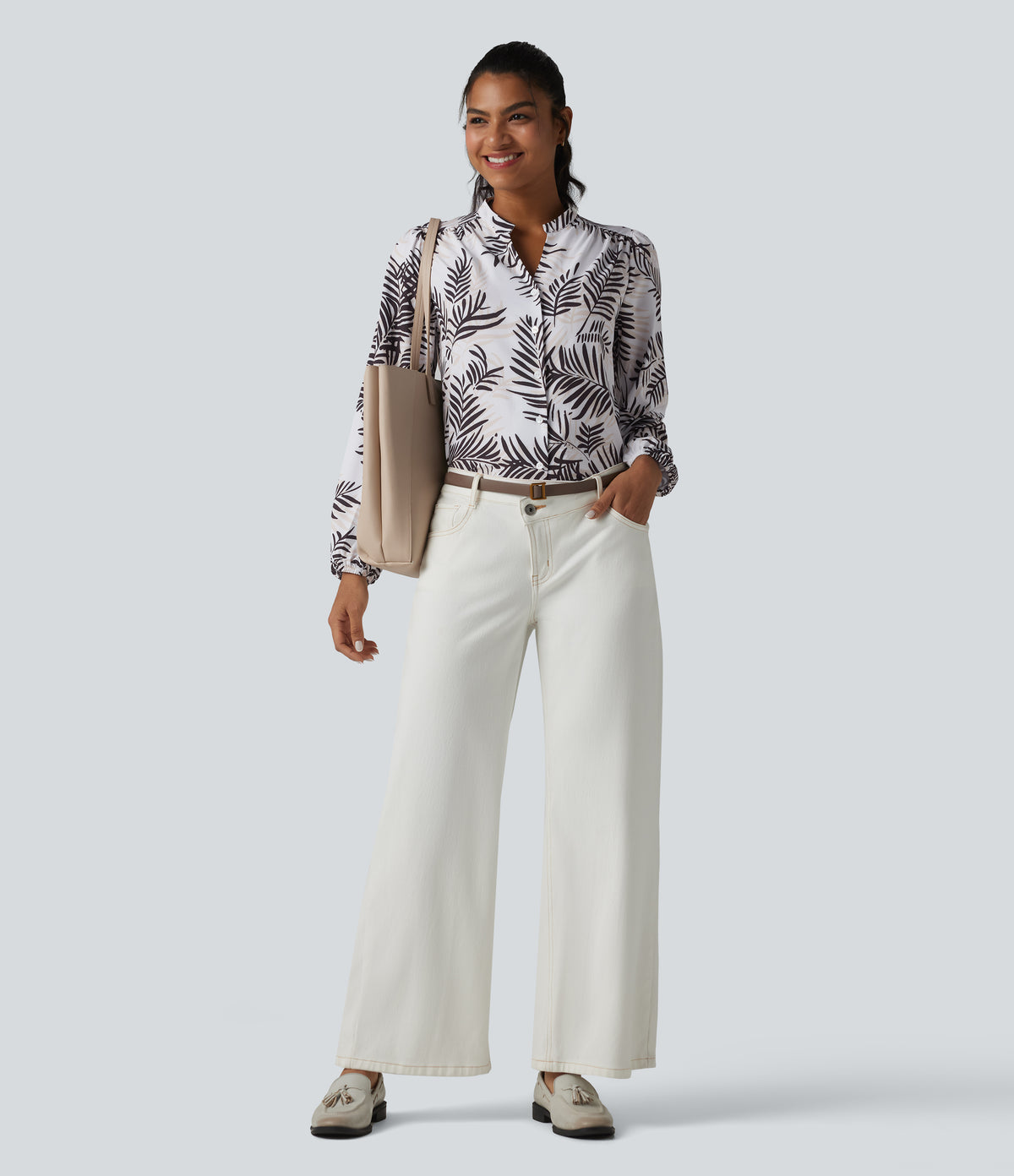 V Neck Long Sleeve Tropical Botanical Print Work Blouse — Palm Shadow — view 7