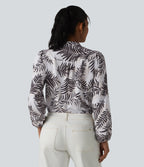 V Neck Long Sleeve Tropical Botanical Print Work Blouse — Palm Shadow — view 2