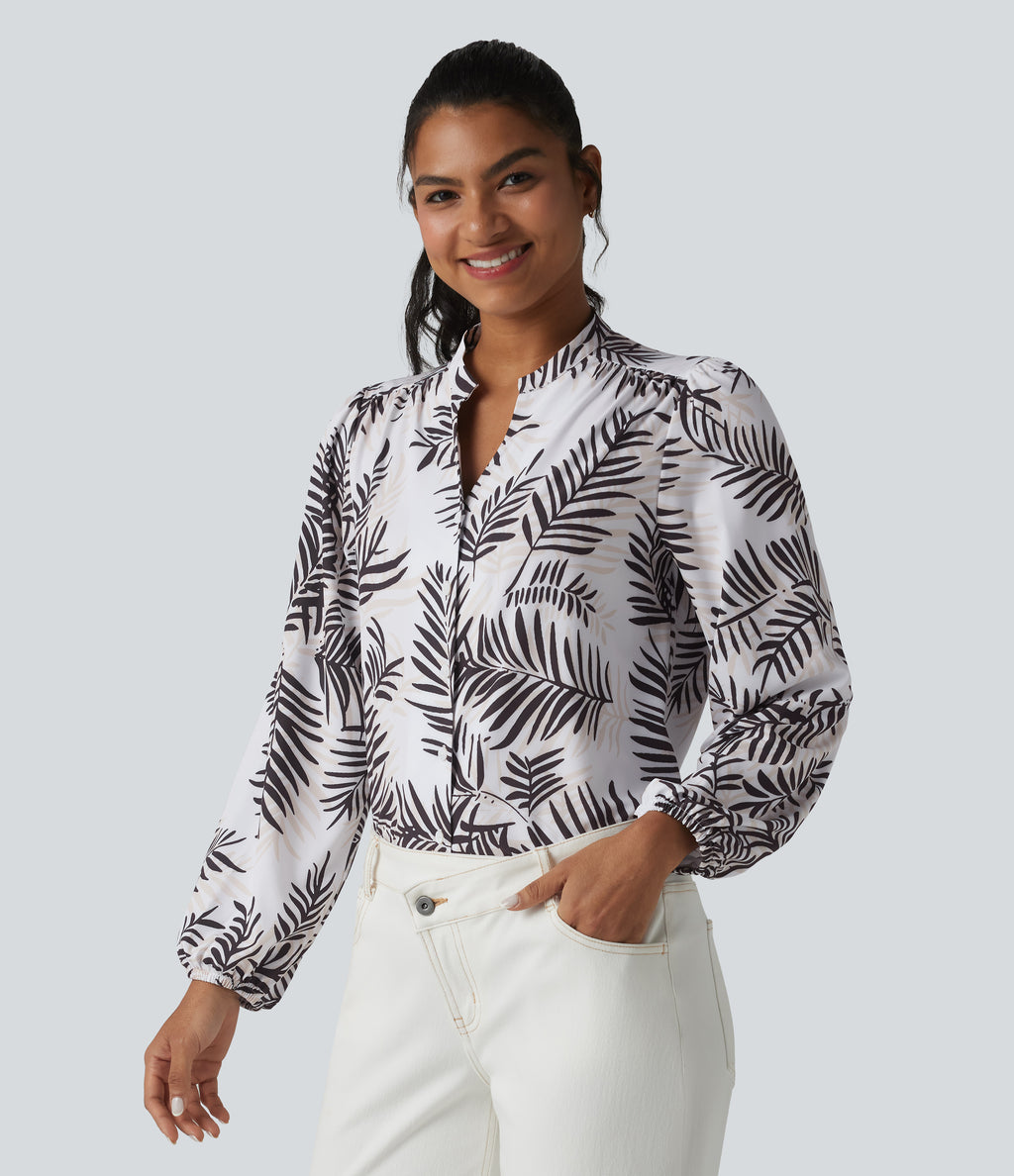 V Neck Long Sleeve Tropical Botanical Print Work Blouse — Palm Shadow — view 3