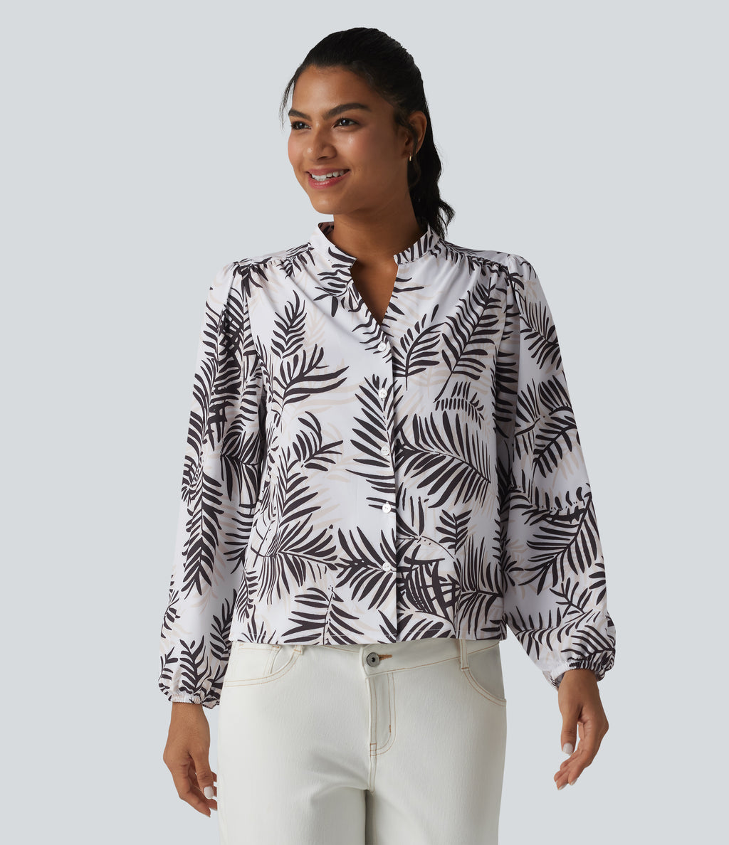 V Neck Long Sleeve Tropical Botanical Print Work Blouse — Palm Shadow — view 4