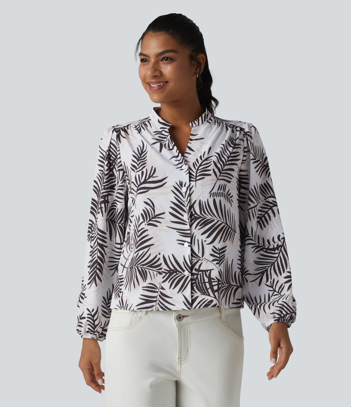 V Neck Long Sleeve Tropical Botanical Print Work Blouse — Palm Shadow — view 4
