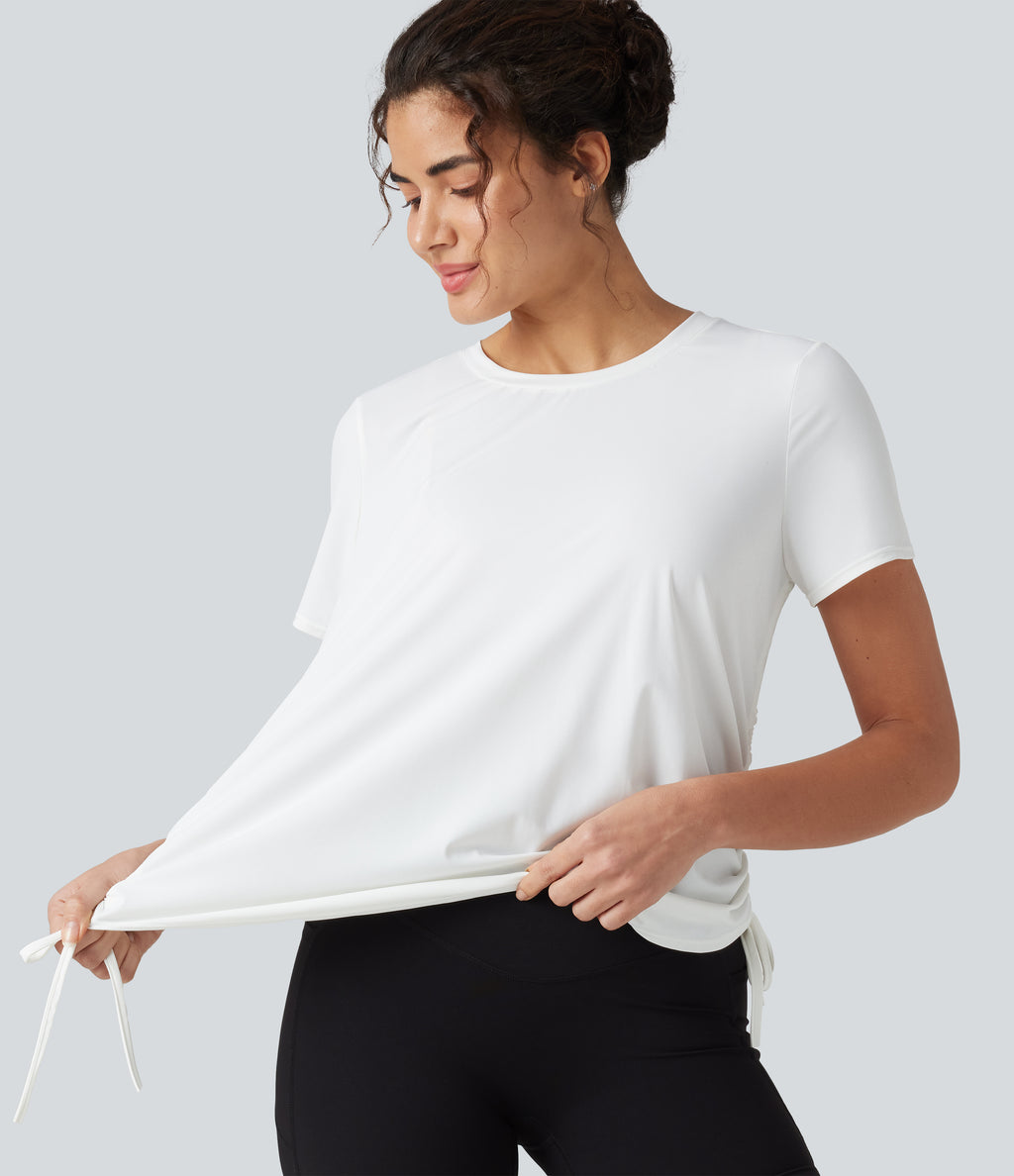 Round Neck Short Sleeve Drawstring Hem InstantCool Quick Dry Workout Sports Top — White — view 5