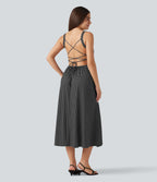 Crisscross Backless Square Neck Sleeveless Ruched Polka Dot Built-in Bra Midi Resort Flowy Dress — Midnight Dots — view 2