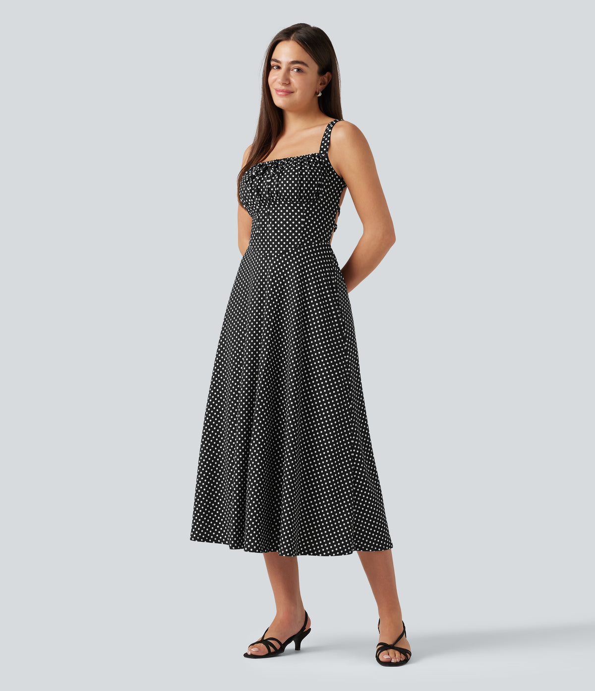 Crisscross Backless Square Neck Sleeveless Ruched Polka Dot Built-in Bra Midi Resort Flowy Dress — Midnight Dots — view 3