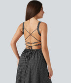 Crisscross Backless Square Neck Sleeveless Ruched Polka Dot Built-in Bra Midi Resort Flowy Dress — Midnight Dots — view 4
