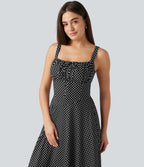 Crisscross Backless Square Neck Sleeveless Ruched Polka Dot Built-in Bra Midi Resort Flowy Dress — Midnight Dots — view 5
