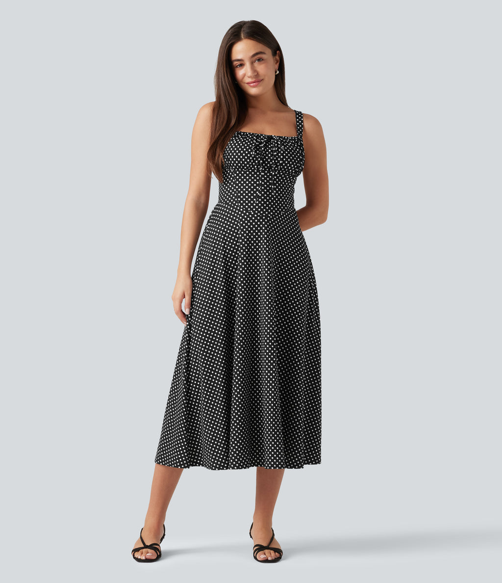 Crisscross Backless Square Neck Sleeveless Ruched Polka Dot Built-in Bra Midi Resort Flowy Dress — Midnight Dots — view 1