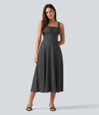 Crisscross Backless Square Neck Sleeveless Ruched Polka Dot Built-in Bra Midi Resort Flowy Dress — Midnight Dots — view 1