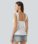 Ruched Drawstring Built-in Bra Eyelet Casual Tank Top — White — view 2