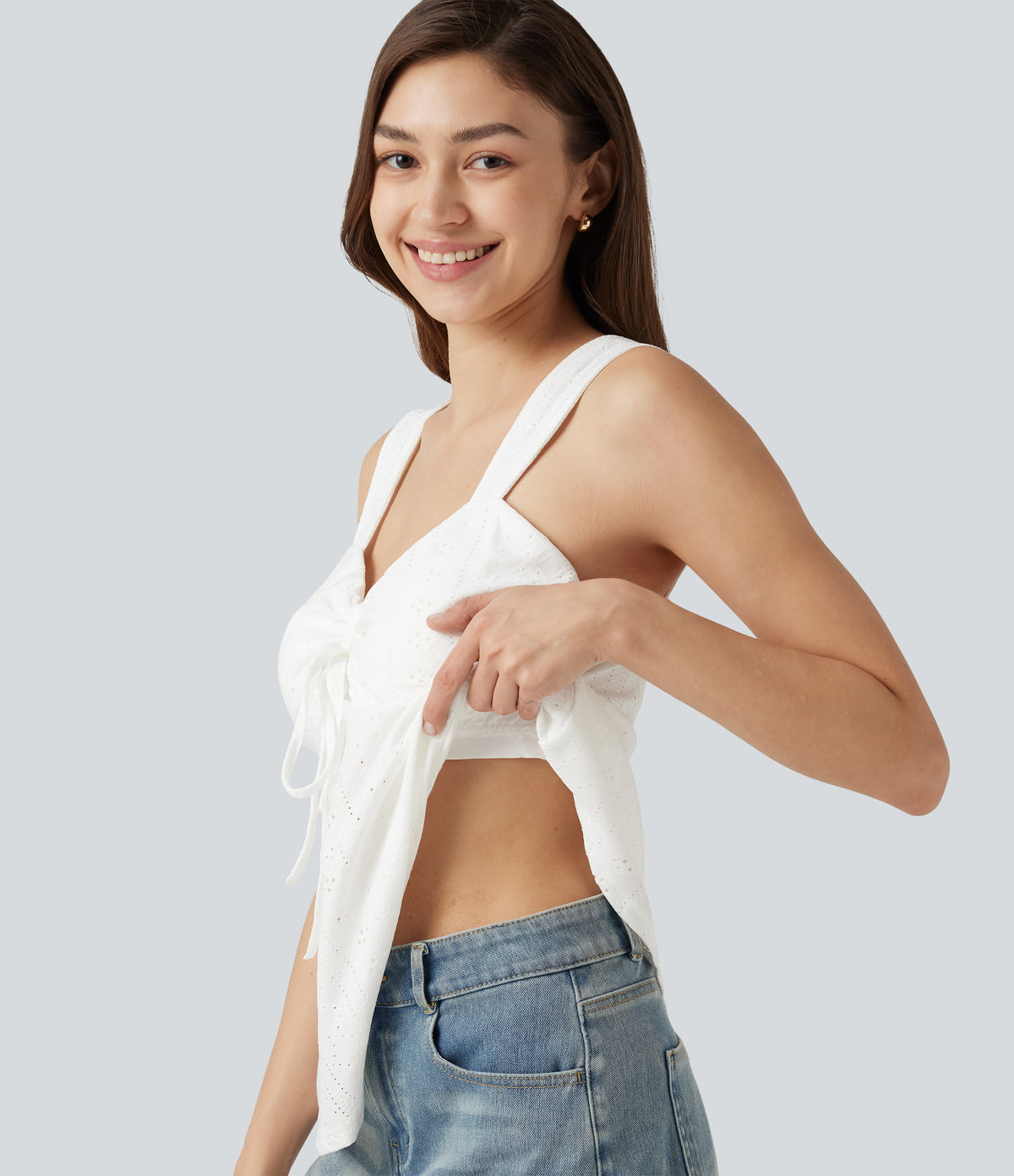 Ruched Drawstring Built-in Bra Eyelet Casual Tank Top — White — view 7