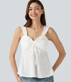 Ruched Drawstring Built-in Bra Eyelet Casual Tank Top — White — view 1