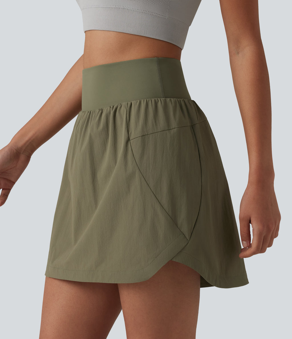 High Waisted Curved Hem 2-in-1 Mini Hiking Skirt with Pockets — Dusky Green — view 5