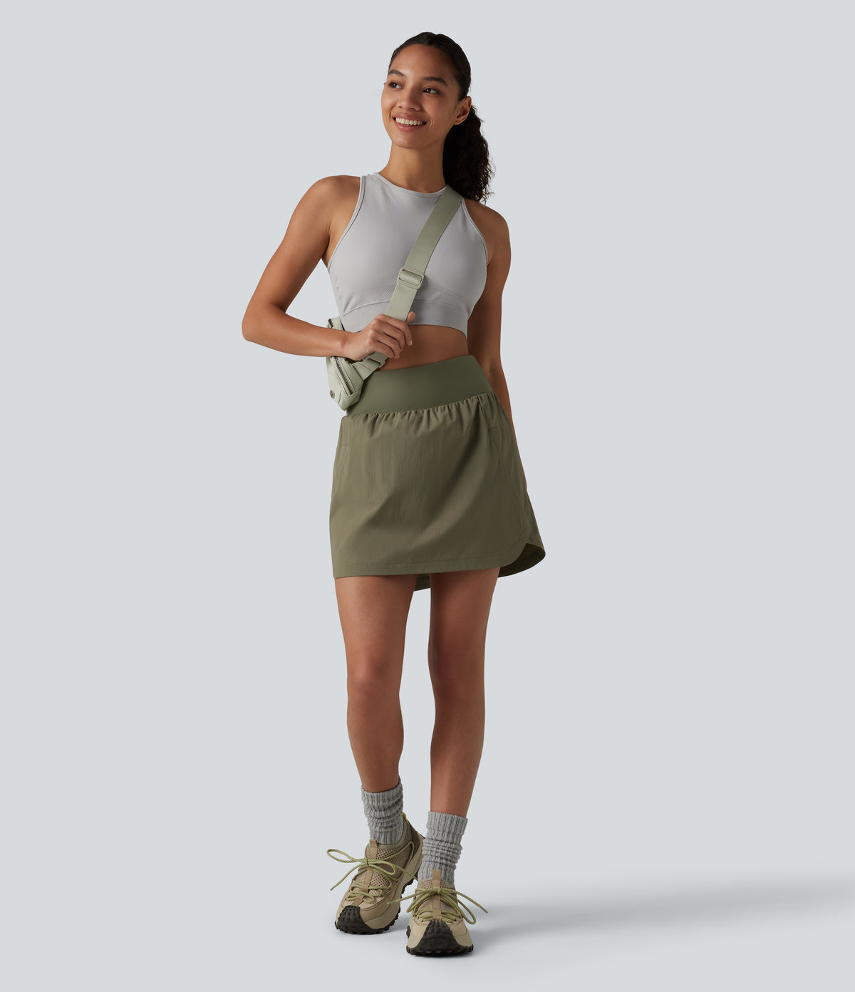 High Waisted Curved Hem 2-in-1 Mini Hiking Skirt with Pockets — Dusky Green — view 8