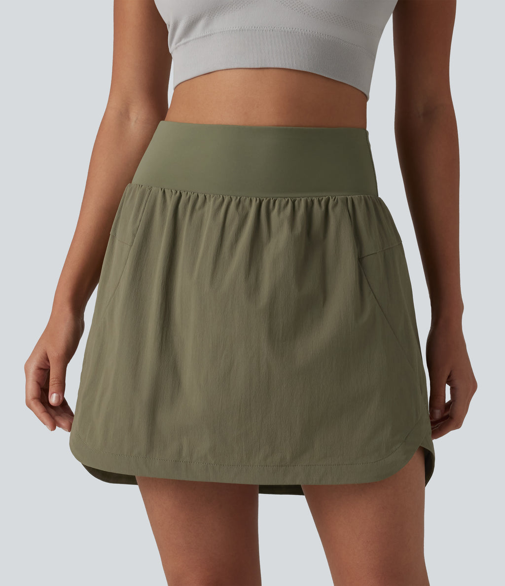 High Waisted Curved Hem 2-in-1 Mini Hiking Skirt with Pockets — Dusky Green — view 4