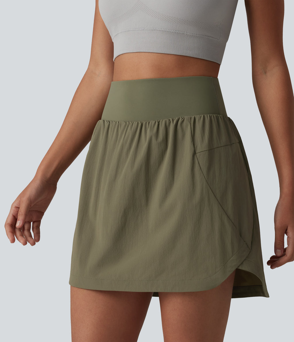 High Waisted Curved Hem 2-in-1 Mini Hiking Skirt with Pockets — Dusky Green — view 3