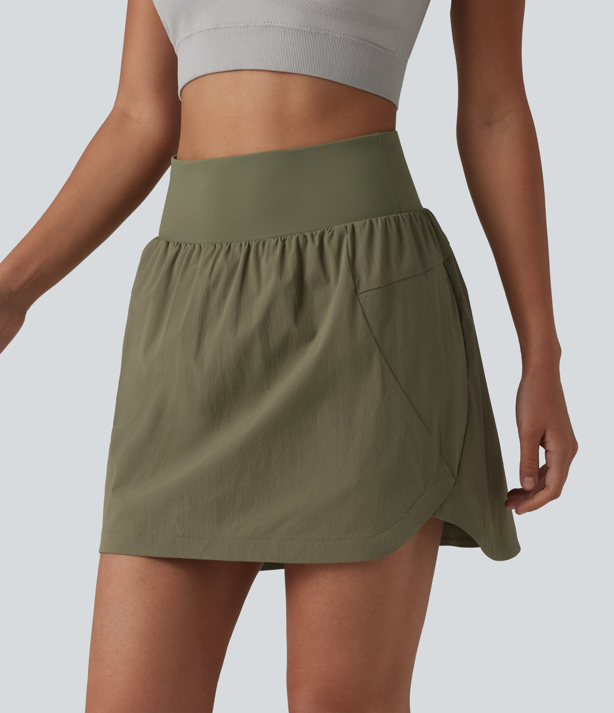 High Waisted Curved Hem 2-in-1 Mini Hiking Skirt with Pockets — Dusky Green — view 6