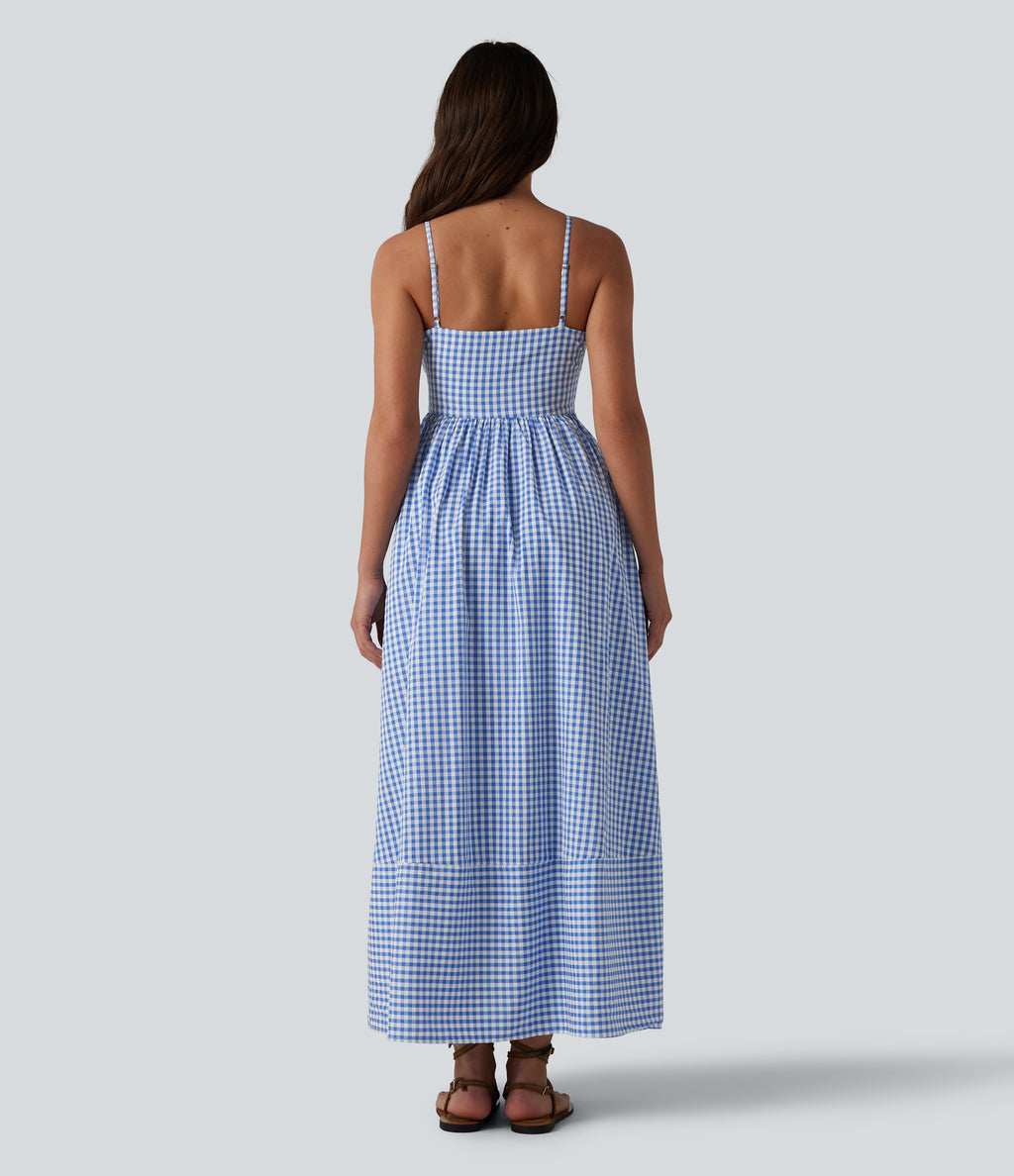 Invisible Zipper Gingham Flowy Maxi Casual Slip Dress with Pockets — Blue White Bubble Grid — view 2