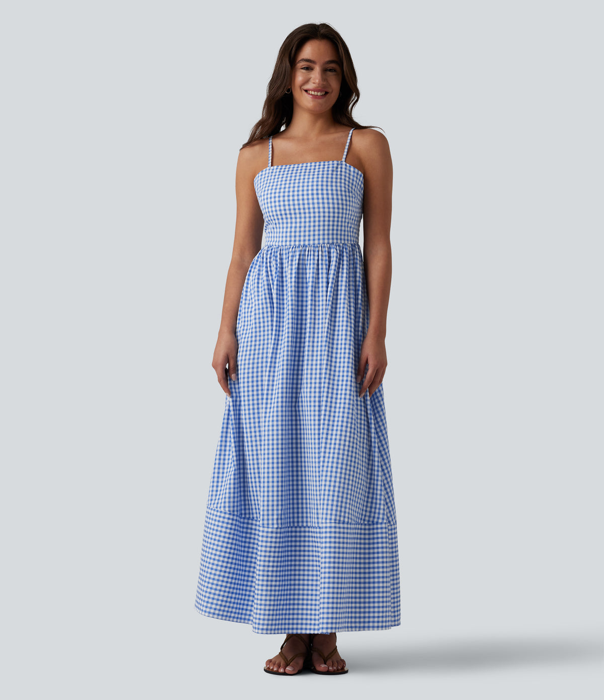 Invisible Zipper Gingham Flowy Maxi Casual Slip Dress with Pockets — Blue White Bubble Grid — view 3