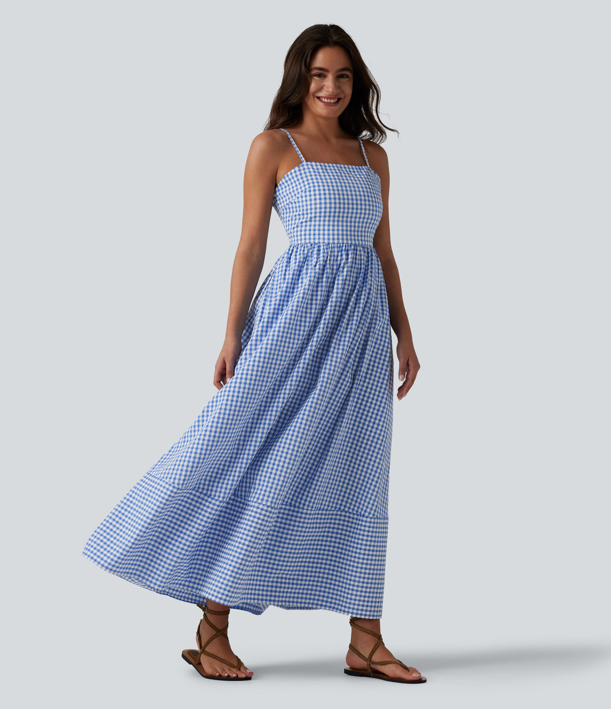 Invisible Zipper Gingham Flowy Maxi Casual Slip Dress with Pockets — Blue White Bubble Grid — view 1