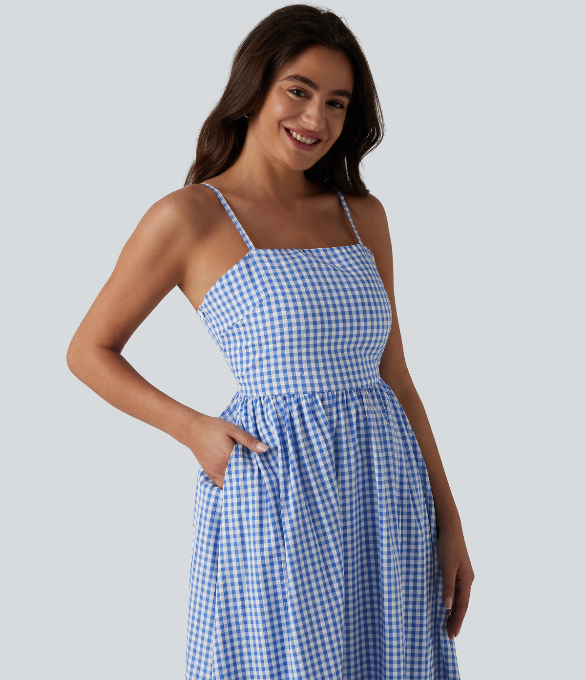 Invisible Zipper Gingham Flowy Maxi Casual Slip Dress with Pockets — Blue White Bubble Grid — view 4