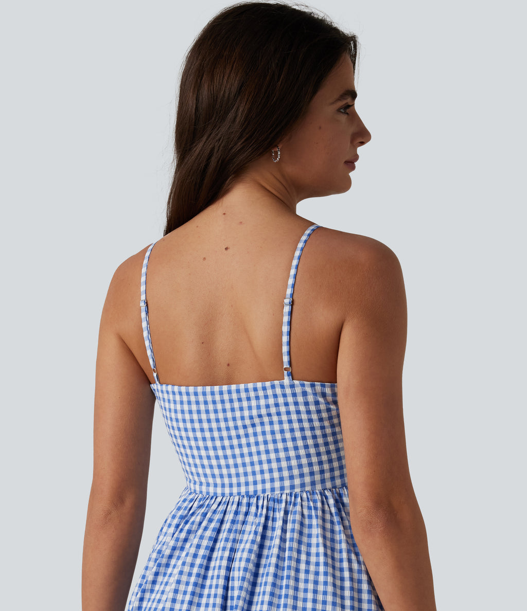 Invisible Zipper Gingham Flowy Maxi Casual Slip Dress with Pockets — Blue White Bubble Grid — view 5