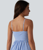 Invisible Zipper Gingham Flowy Maxi Casual Slip Dress with Pockets — Blue White Bubble Grid — view 5