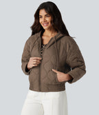 Hooded Drawstring Long Sleeve Casual Padded Jacket with Pockets — Shitake — view 1