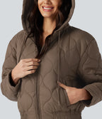 Hooded Drawstring Long Sleeve Casual Padded Jacket with Pockets — Shitake — view 7